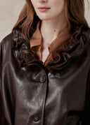 Sheep Leather Coat with Ruffled Collar and Belted Waist — Brown