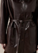 Sheep Leather Coat with Ruffled Collar and Belted Waist — Brown