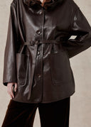 Sheep Leather Coat with Ruffled Collar and Belted Waist — Brown
