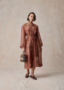 Brick Red Linen Embroidered Crewneck Dress