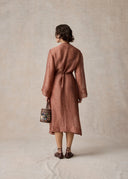 Brick Red Linen Embroidered Crewneck Dress