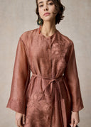 Brick Red Linen Embroidered Crewneck Dress
