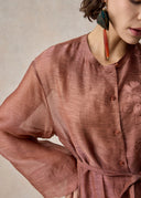 Brick Red Linen Embroidered Crewneck Dress