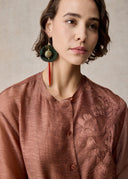 Brick Red Linen Embroidered Crewneck Dress