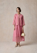 Pink Collarless Silk Jacket with Golden Seed Stitch Embroidery