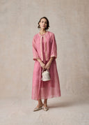Pink Collarless Silk Jacket with Golden Seed Stitch Embroidery
