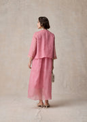 Pink Collarless Silk Jacket with Golden Seed Stitch Embroidery