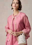 Pink Collarless Silk Jacket with Golden Seed Stitch Embroidery