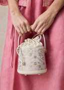 White Leather Bucket Bag with Chinese Patterns