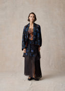 Black and Blue Floral Pattern Layered Organza Wrap Skirt