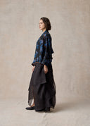 Black and Blue Floral Pattern Layered Organza Wrap Skirt