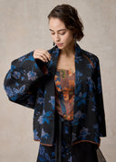 Black and Blue Floral Pattern Short Kimono