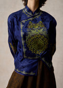 Blue Mandarin Jacket with Green Phoenix Embroidery