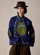 Blue Mandarin Jacket with Green Phoenix Embroidery