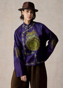 Purple Mandarin Jacket with Green Phoenix Embroidery