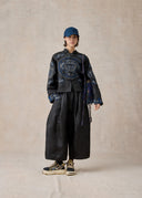 Black Mud-Dyed Silk Jacket with Blue Totem-Inspired Embroidery