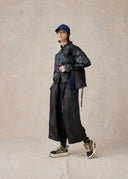 Black Mud-Dyed Silk Jacket with Blue Totem-Inspired Embroidery