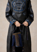 Black Mud-Dyed Silk Trousers with Blue Totem-Inspired Embroidery