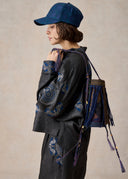 Black Mud-Dyed Silk Jacket with Blue Totem-Inspired Embroidery
