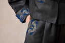Black Mud-Dyed Silk Trousers with Blue Totem-Inspired Embroidery