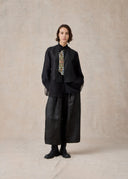 Black Mud-Dyed Silk Vest with Embroidered Front Placket