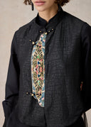 Black Mud-Dyed Silk Vest with Embroidered Front Placket