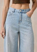High Waist Loose Fit Jeans with Pearls