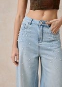 High Waist Loose Fit Jeans with Pearls