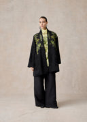 Black Silk Kimono with Green Phoenix Embroidery