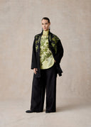 Black Silk Kimono with Green Phoenix Embroidery
