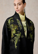 Black Silk Kimono with Green Phoenix Embroidery