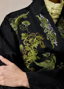 Black Silk Kimono with Green Phoenix Embroidery