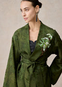Green Mud-Dyed Silk Wrap Jacket with Floral Embroidery