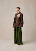 Brown Mud-Dyed Silk Wrap Jacket with Floral Embroidery