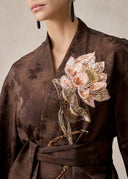 Brown Mud-Dyed Silk Wrap Jacket with Floral Embroidery