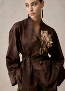Brown Mud-Dyed Silk Wrap Jacket with Floral Embroidery