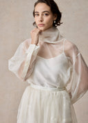 White Organza Blouse with high collar and fold cuff details