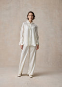 White Silk Blouse with Ruffled Collar