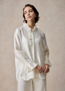 White Silk Blouse with Ruffled Collar