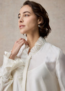 White Silk Blouse with Ruffled Collar