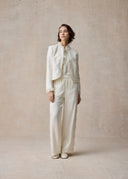 White Cropped Jacket with Lace Ruffled Collar and Embroidery