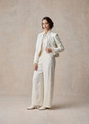 White Straight Leg Trousers with Silver Side Embroidery