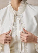 White Cropped Jacket with Lace Ruffled Collar and Embroidery