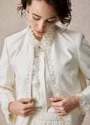 White Cropped Jacket with Lace Ruffled Collar and Embroidery
