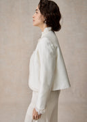 White Cropped Jacket with Lace Ruffled Collar and Embroidery