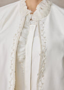 White Cropped Jacket with Lace Ruffled Collar and Embroidery