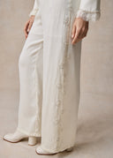 White Straight Leg Trousers with Silver Side Embroidery