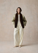 Ash Green Puffer Jacket with Detachable Dark Brown Fur Collar