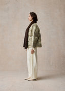 Ash Green Puffer Jacket with Detachable Dark Brown Fur Collar