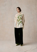 White Silk Blouse with Green Phoenix Embroidery